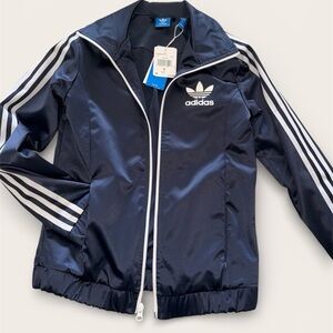 adidas Navy and White 3-Stripe Track Varsity Jacket